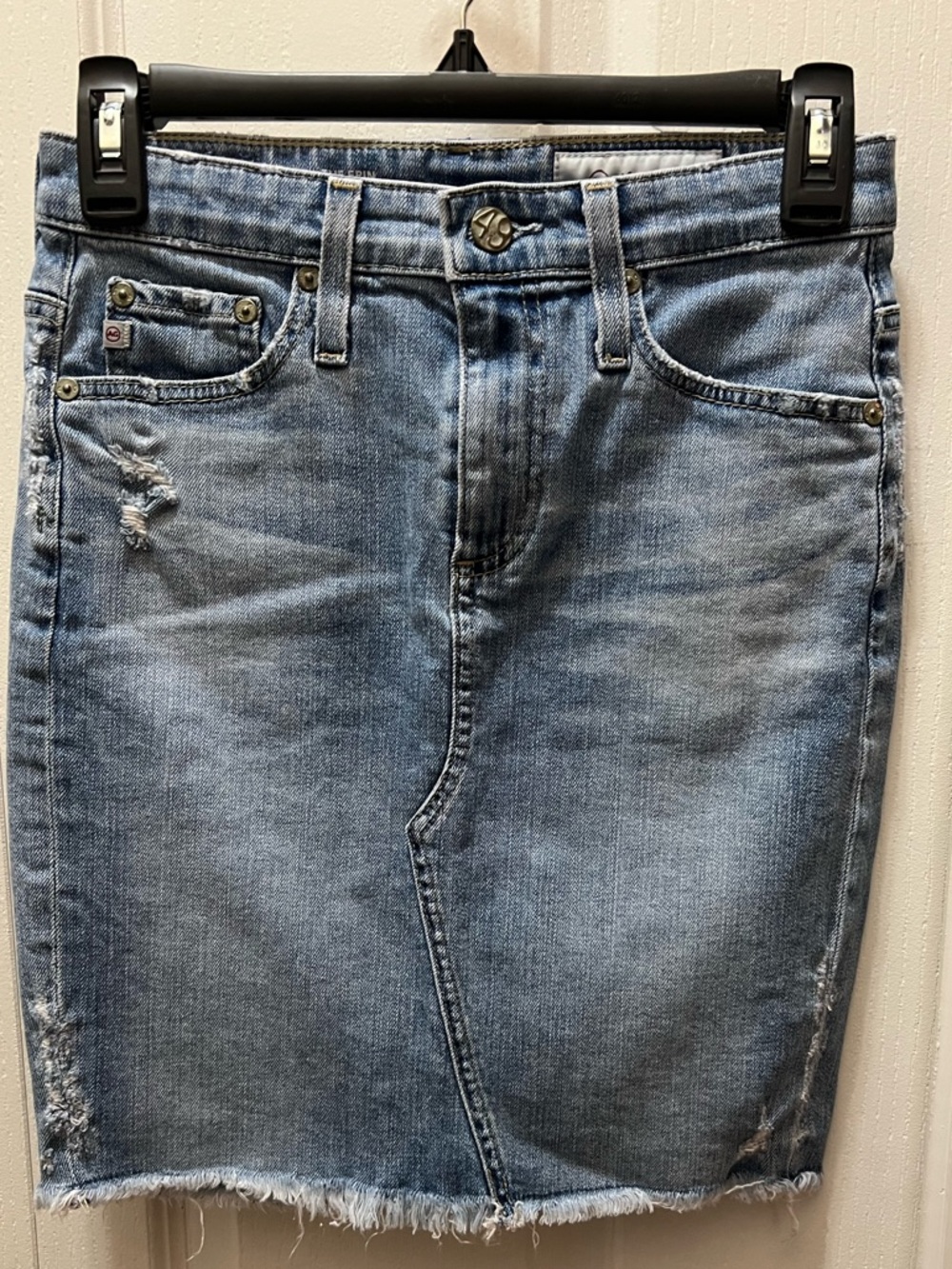AG-ED Adriano Goldschmied “The Erin” Light Blue Distressed Denim Pencil Skirt